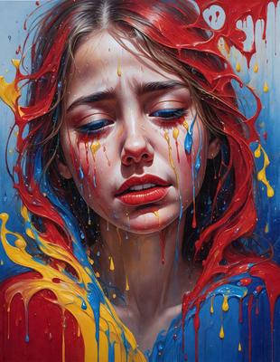 The primary subject of the image is a woman with red hair, who is crying and has her eyes closed. She is wearing a red dress and has a blue and yellow background. The visual style of the image is a painting, which gives it a more artistic and emotional feel. The colors and mood of the painting are predominantly red, blue, and yellow, which create a sense of warmth and emotion.